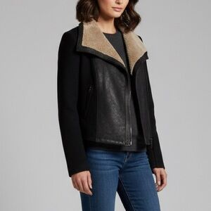 Vince Wool & Leather Asymmetrical Moto Jacket Lamb Shearling Collar Black XS